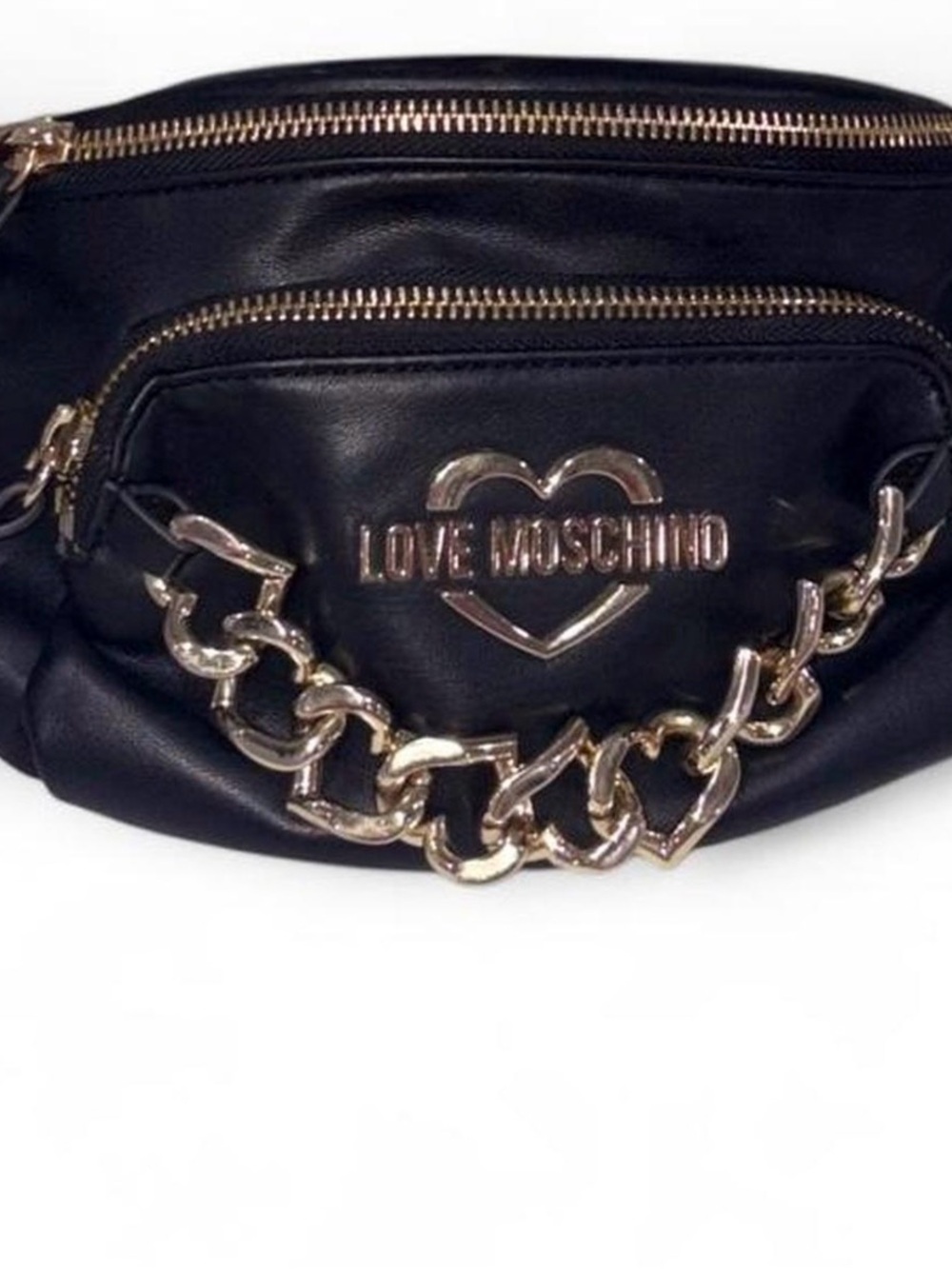 Love Moschino Black Leather Belt Bag with Gold Chain